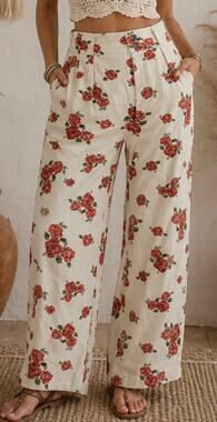Lucy & Yak Floral Rose Organic Cotton Wide-Leg Smocked Waist Pants Women’s W32